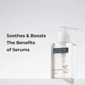 image depicting bottle of oligopeptide activating essence toner with words: "soothes and boosts the benefits of serums"