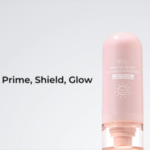 Image of Miracle Secret UV Shield Primer & Sunscreen with the words "prime, shield, glow"